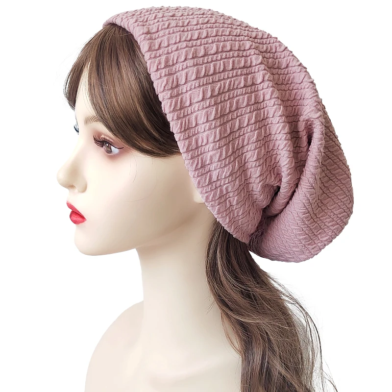 Geebro Women Solid Color Folds Pattern Beanie Hat Ladies Fashion Knitted Soft Warmer Casual Stretch Baggy Skullies Cap 3