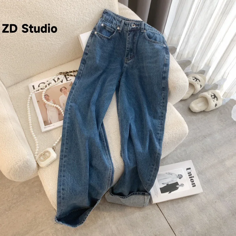 

[ZD Studio] 2023Full Diamond Rolled Hem Design Straight Leg Denim Pants Street Cut