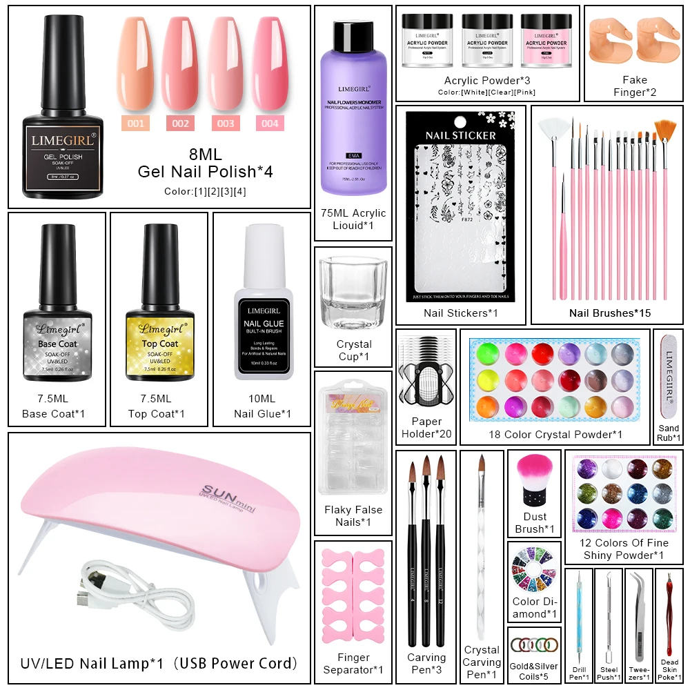 Acrylic Set Full Manicure Kit Acrylic Powder Glitter Liquid For Nail Art Kit Clipper Tool Brush For Manicure Decoration Tool