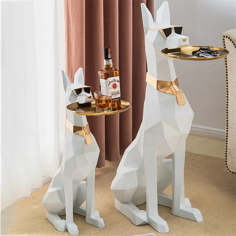 

74CM Home Decor Gentleman Dog Statues Nordic Floor Decoration Tray Ornament Coffee Table Home Accessorie Sculpture Side Table MC