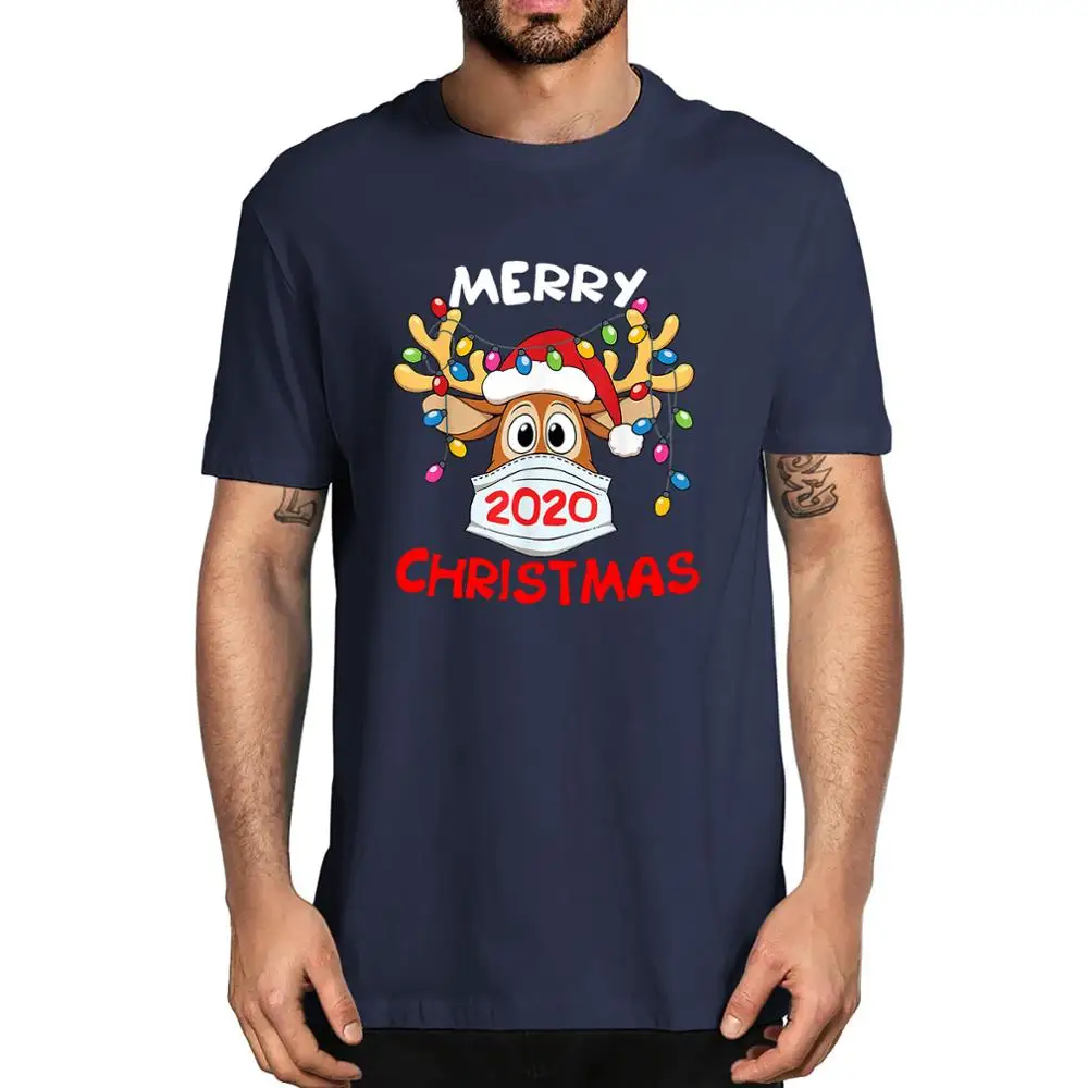 

Unisex Cotton Reindeer In Mask Shirt Funny Merry Christmas 2020 Men's 100% Cotton Short Sleeve T-Shirt Fashion Women Tee Gift