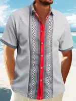 2025 Men's Waffle light ripe casual lapel cardigan patchwork buttons fashion urban summer beach short-sleeved shirt top 1