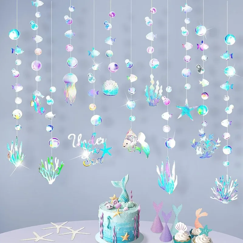 12Pc Iridescente Sotto Il Mare Decorazioni Per Feste Bubble Fish Garland Ocean Seaweed Meduse Starfish Cavalluccio Marino Compleanno Banner Streamer