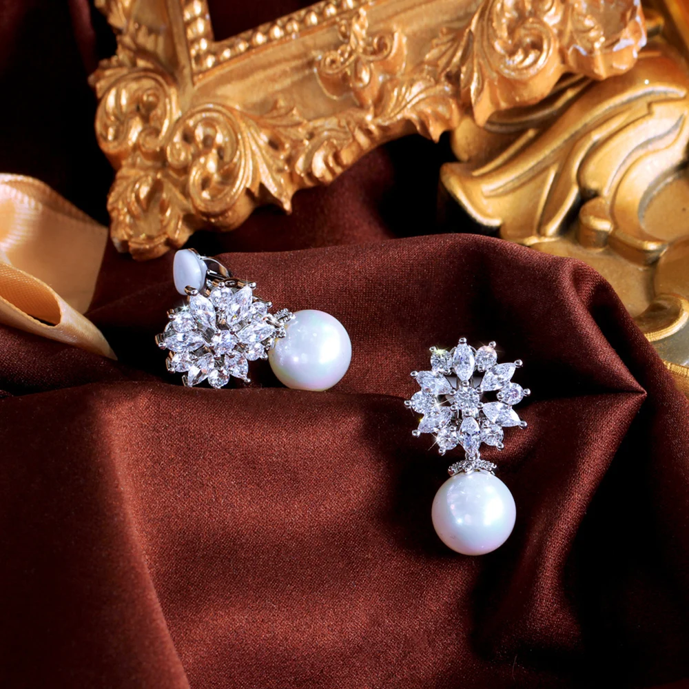 Ear Clip Earrings Clip Earrings Ear Clip Ear Accessories CWWZircons Elegant Cubic Zirconia Flower Pearl No Hole Earrings for Women Fashion Jewelry Ear Clip On Non Pierced Earring EJ0006