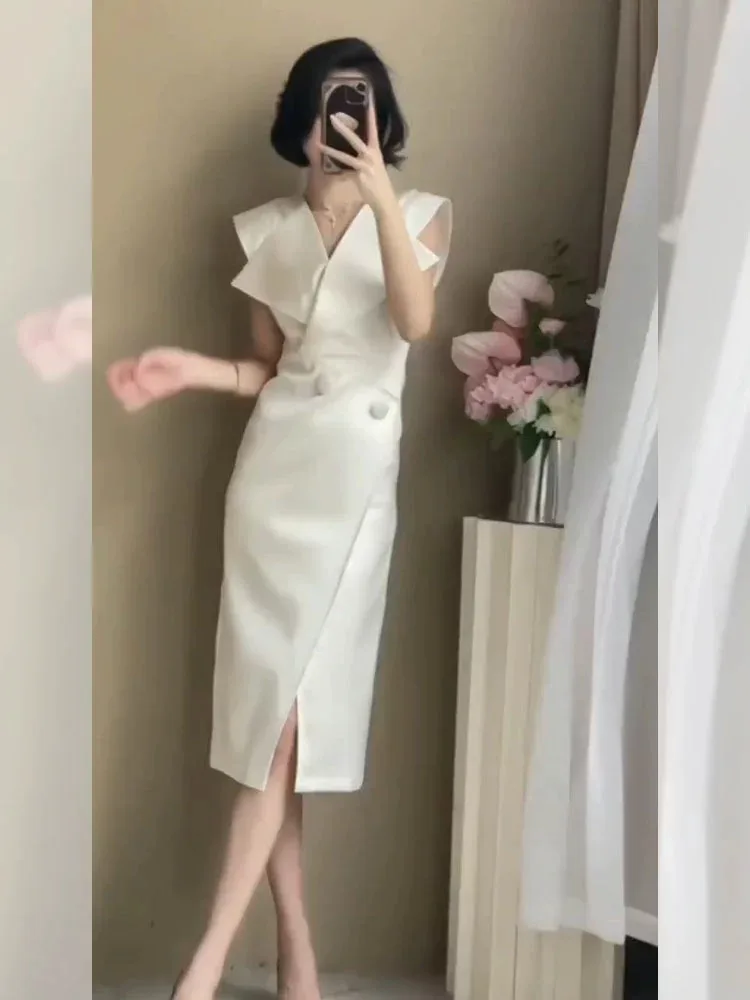 

2024 New Style Summer New Fashionable and Elegant Fairy Skirt Slim Fit, Ruffle Edge V-neck Split Waist Dress