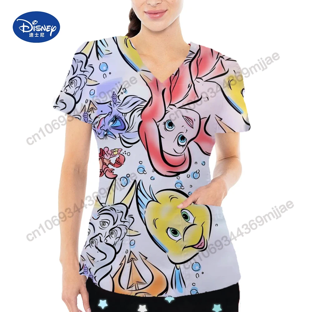 Summer Short Sleeves Women's T-shirts Cartoon Y2k V-neck Tops Two-Pocket for Women