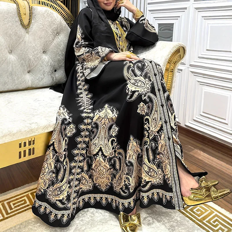 أنيقة زر هايت الخصر مسلم فستان طويل عادية كم طويل سبليت المرأة فستان الخريف موضة الوقوف طوق فستان حفلة فضفاضة