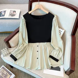 160Kg Plus Size Women's Bust 160 Spring Autumn Contrast Patchwork Fake Two Piece Shirt Loose Top 6XL 7XL 8XL 9XL 10XL