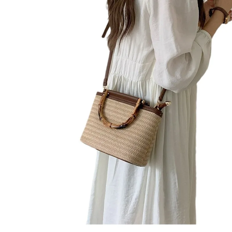 Women Summer New High Quality Woven Bucket Bag Small Crossbody Bag Handheld Straw Bag Unique Design Single Shoulder Bag