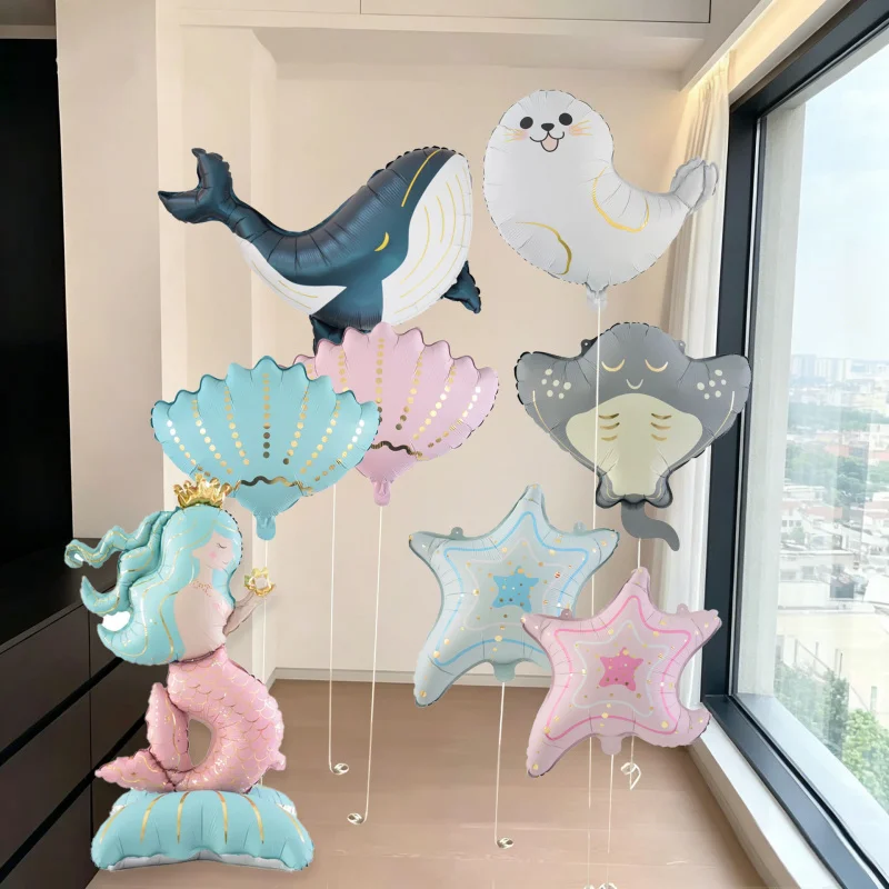 Ocean-Themed Matte Aluminum Foil Balloons - Starfish, Shells, and Jellyfish Party Decor
