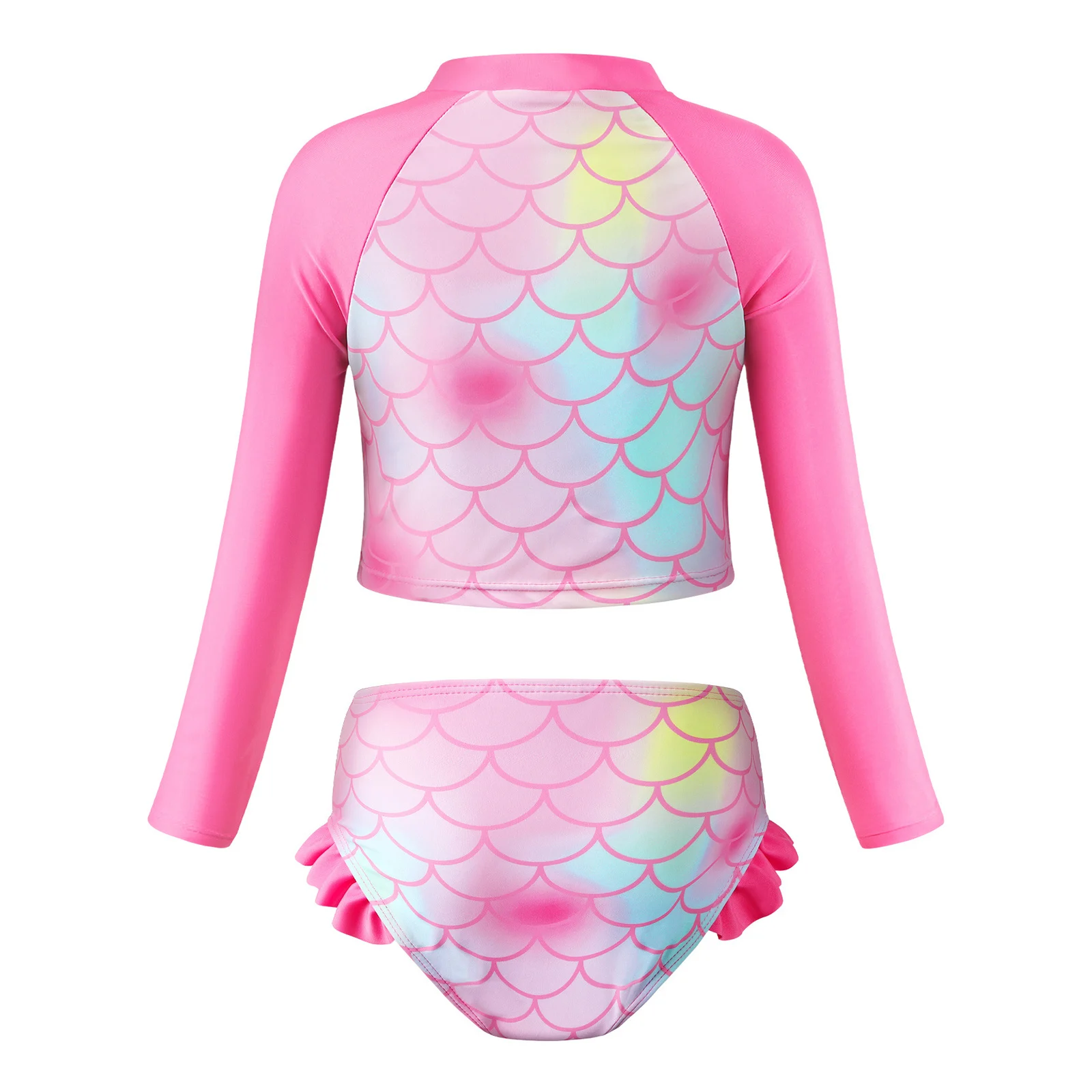 Kids Girls Two Piece Swimsuit Swimwear Fish Scales Swim Shirt Long Sleeve Top Ruffle Bikini Bottoms Swim Shorts Rashguard Set
