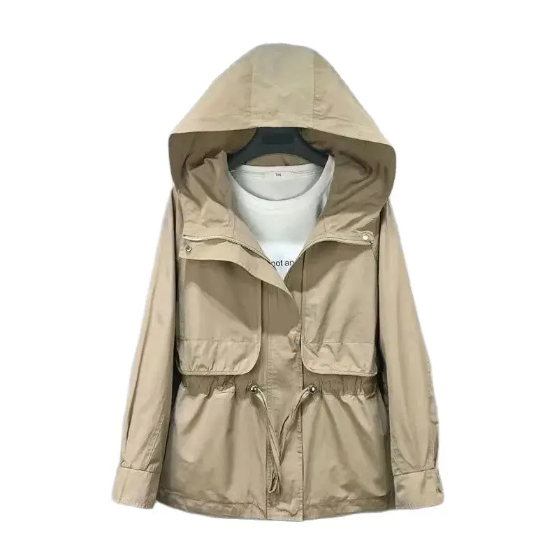 

Spring Autumn Trench Coat For Woman Nice New Hooded Khaki Drawstring Windbreaker Female Casual Zipper Basic Overcoat With Lined