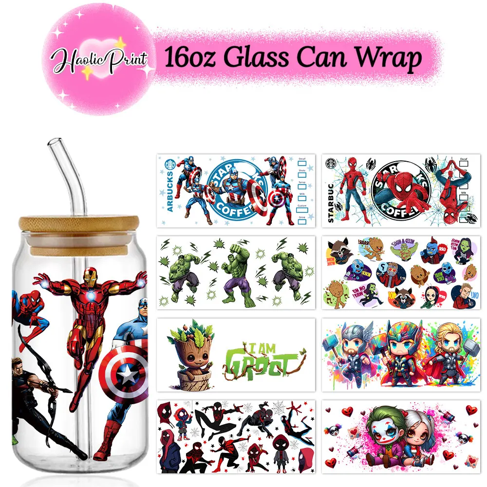 Cup Wraps Coffee Can Wraps Marvel UV DTF Libbey Glass Can Wrap 16oz Transfer Sticker Spider Iron