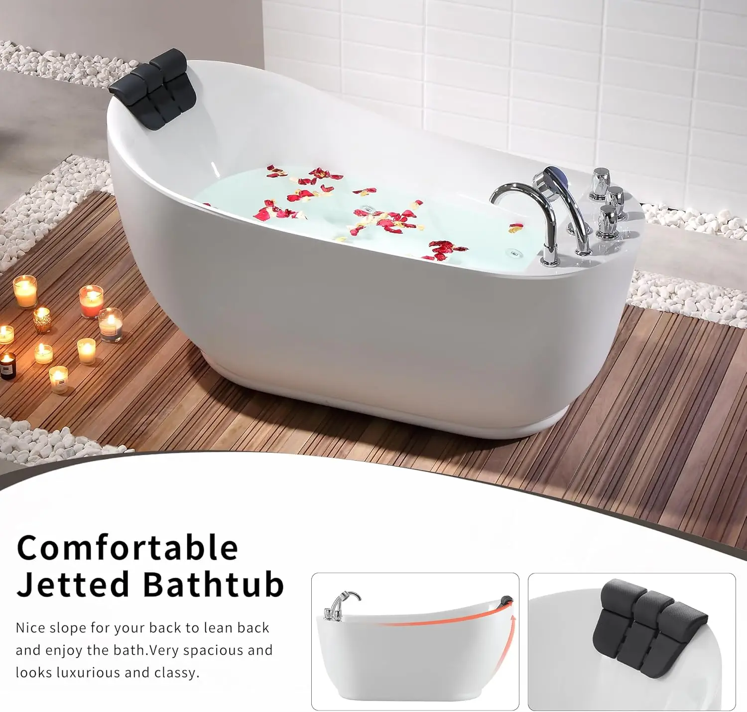 59-Inch Freestanding Whirlpool Bathtub with Hydromassage Water Jets Luxury Acrylic Massage SPA Soaking Bath Tub in White