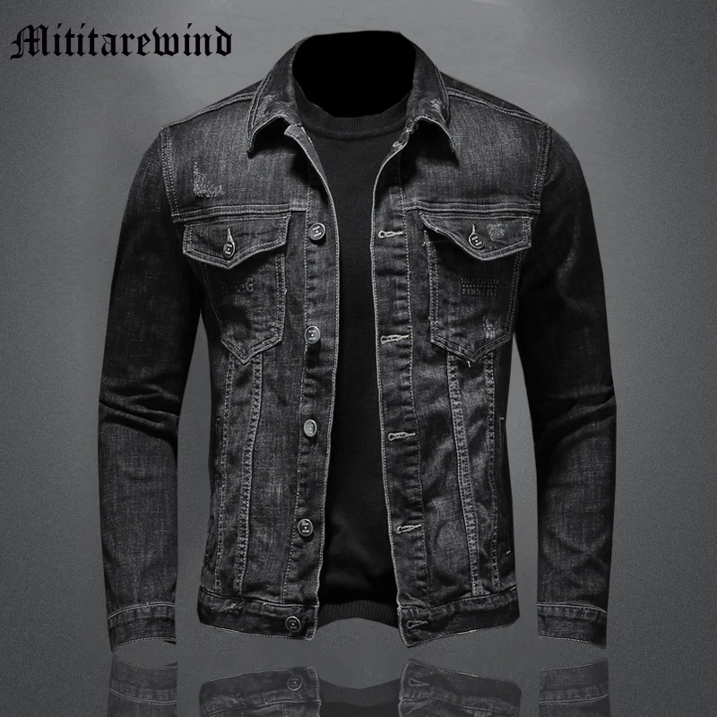 

Men's Slimming Jackets High Street Y2k Hip Hop Coats Denim Solid Vintage Retro Classic Tops Casual Turn-down Collar Black Gray
