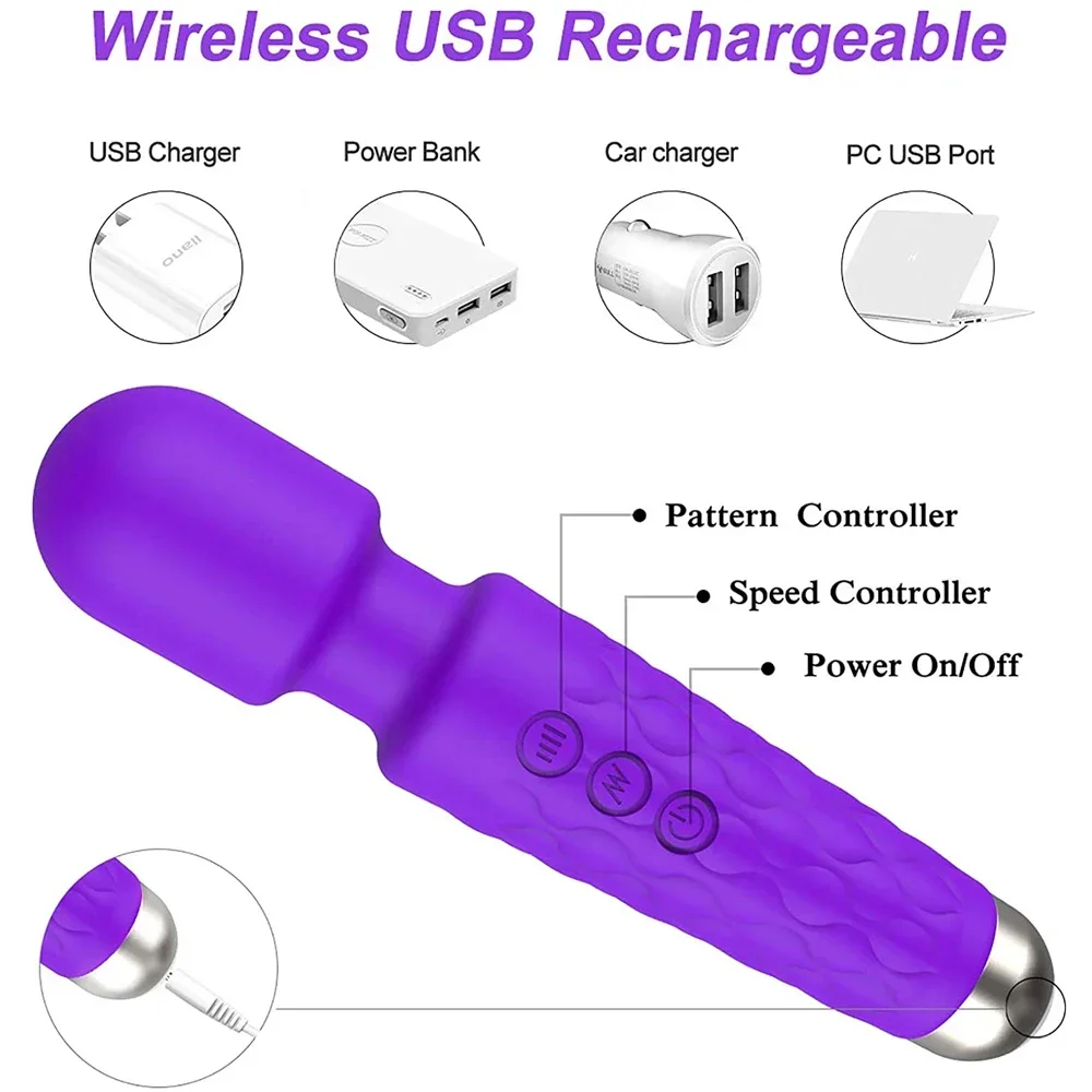 Powerful Wand Massager Cordless Rechargeable Electric Back Neck Massager Relax Exercise Tools With 8 Speeds 20 Vibration Modes