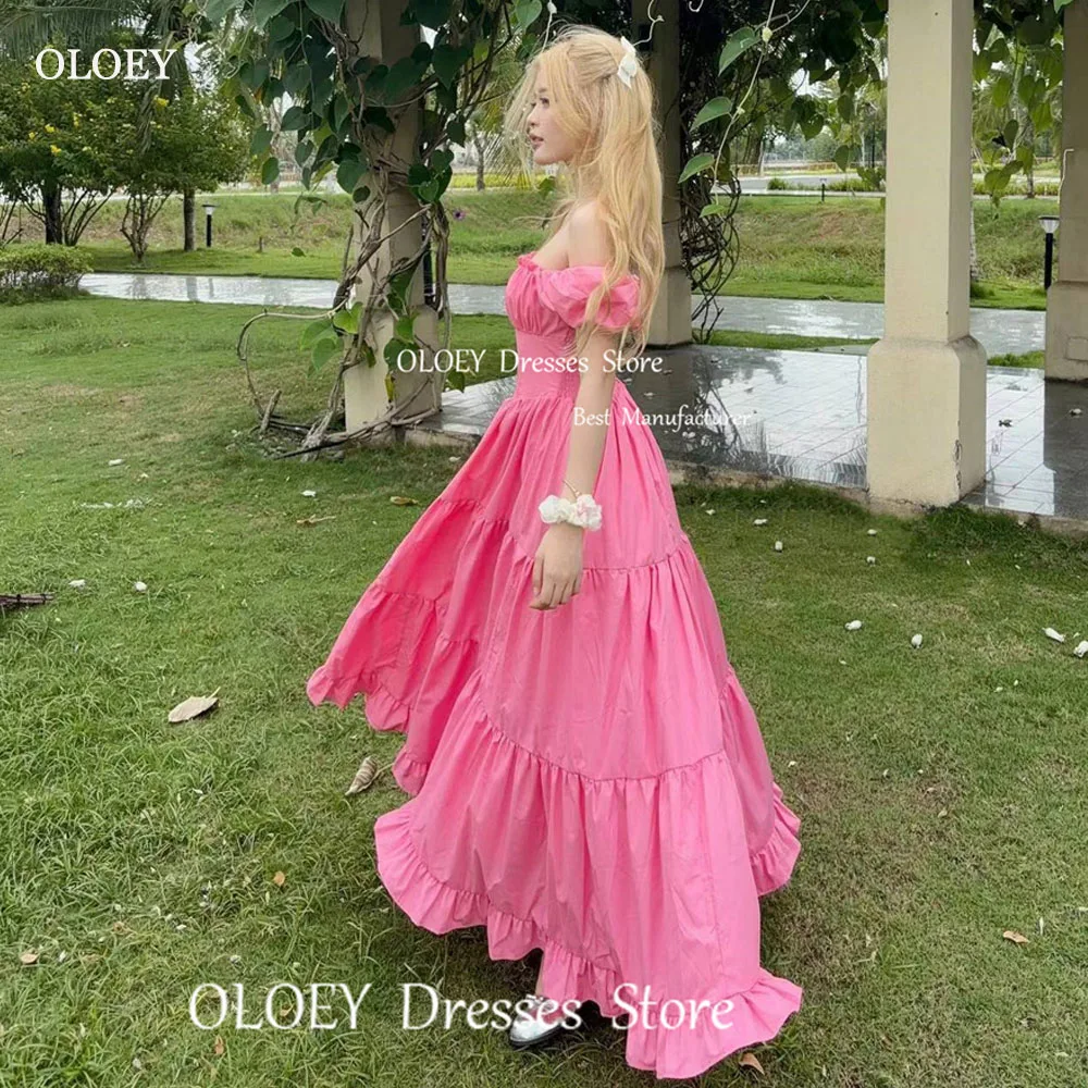 

OLOEY Pastrol Pink Chiffon A Line Evening Gown Dress Ruched Off Shoulder Boat Neck Ankle Length Sleeveless Formal Prom Gowns