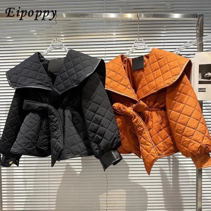 

Winter Argyle Jacket Women Chaquetas Mujer Retro Black Parkas Puffer Jacket Jaqueta Belt Waist Quilted Cotton Coat Bow Bandage