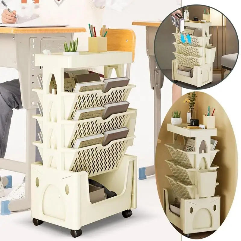 5 Tier Movable Book Shelf On Wheels Rotatable Storage Bookcase Creative Bookshelf Display Stand Home Decoration Book Organizer