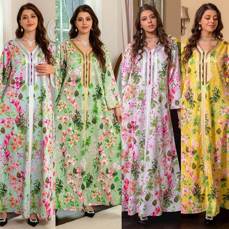 

Abaya Robe New Printed Rhinestones Dress Middle East Spring and Summer Muslim Dress Women Evening Dresses abaya femme