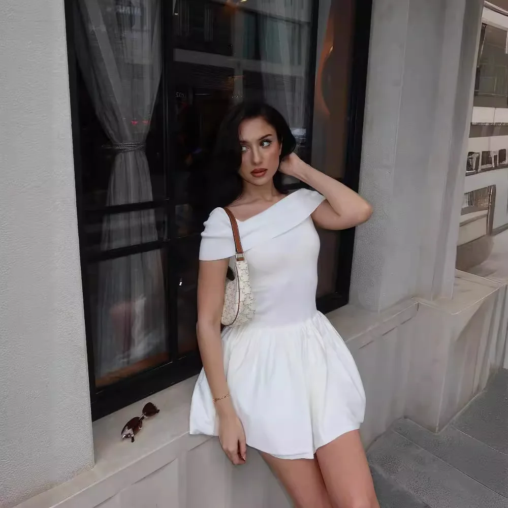 Knitted Off Shoulder Mini Dress Patchwork Ruffled Edge Slash Neck Solid Beach Holiday Princess Dress Cover Up Summer Women