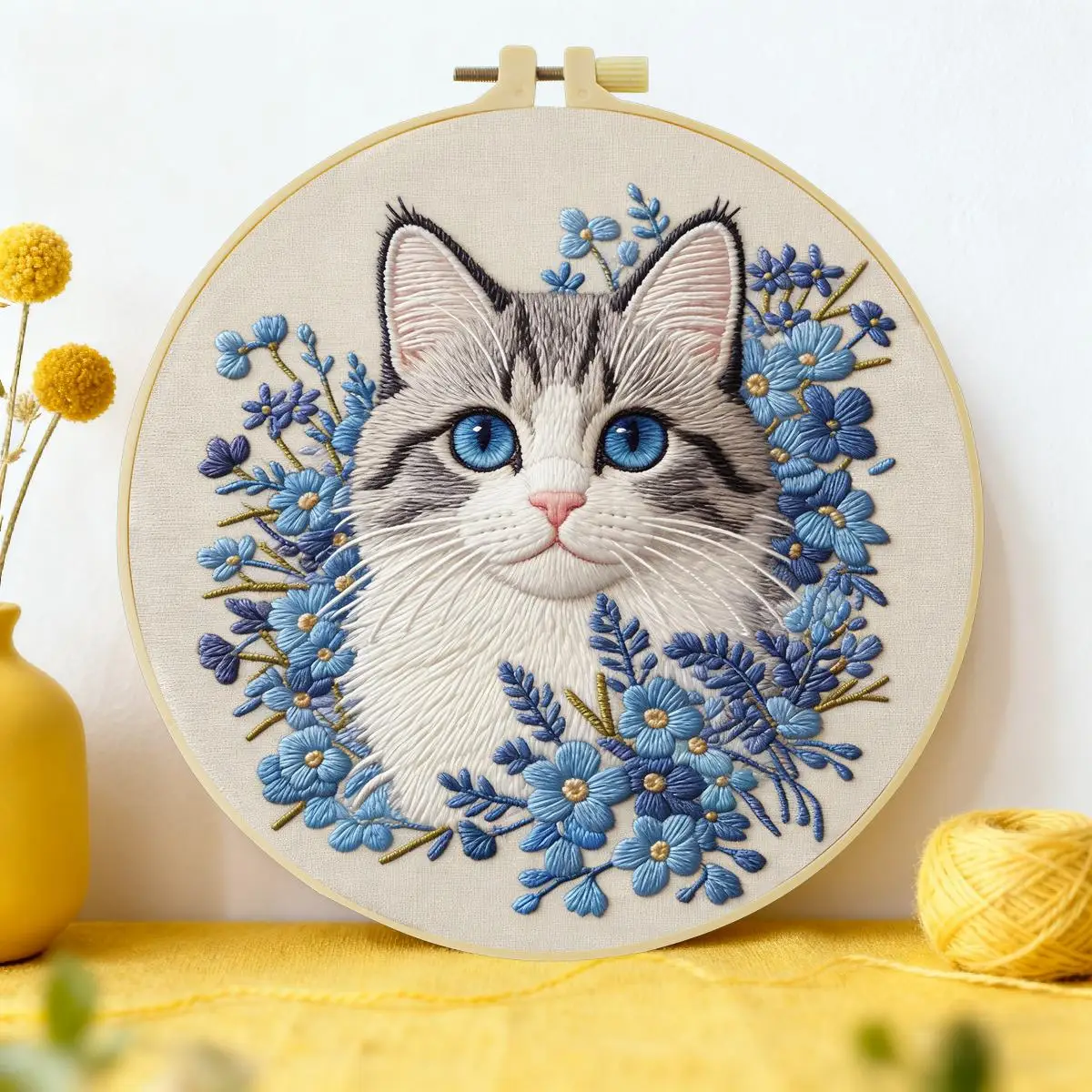 1 Stück 20X20CM/15X15CM 7,87/6,3 Zoll Die Katze im Blumenbeet Stickerei-Starter-Kit DIY-Kit DIY-Stickerei-Set Handarbeiten