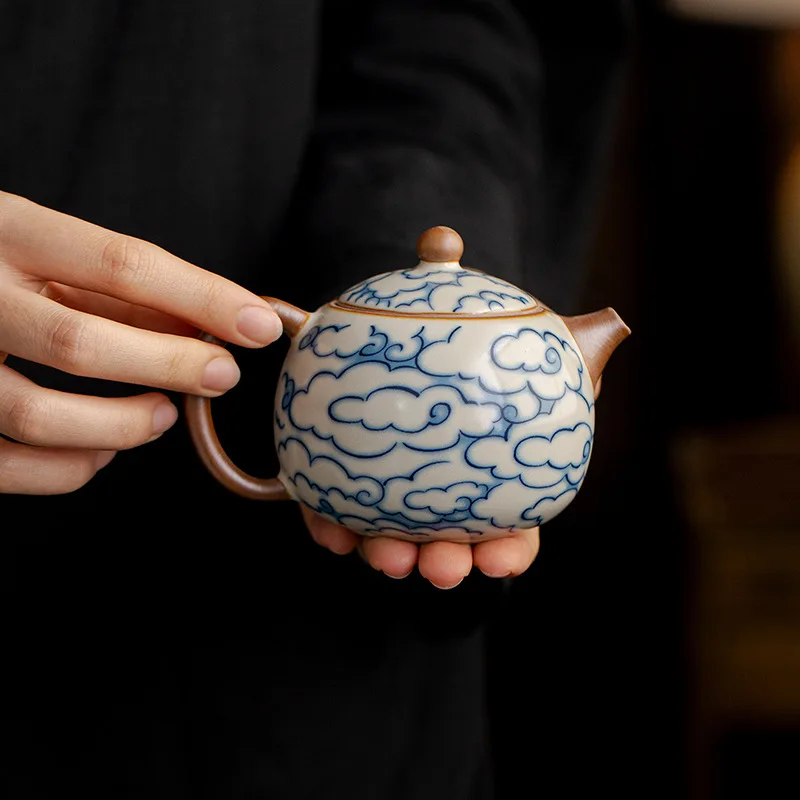 Chinese Style Retro Ceramic Auspicious cloud pattern Kiln Teapot Creative Porcelain Kung Fu Household Indoor Supplies 180ml, 1Pc