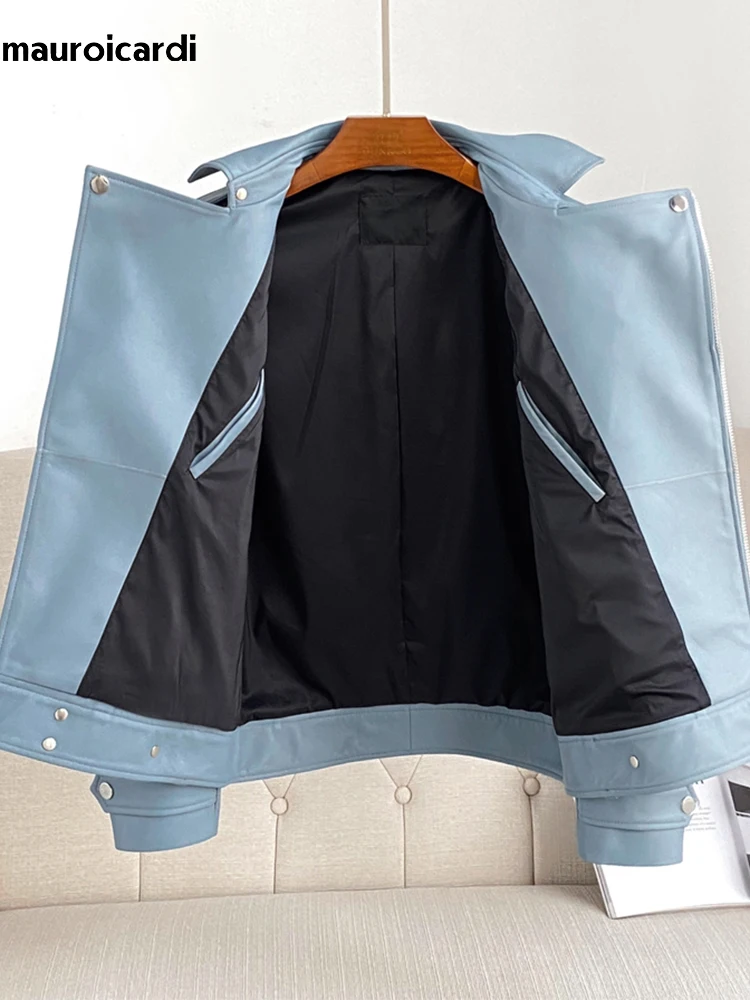 Mauroicardi Spring Autumn Short Blue Black Pu Leather Motorcycle Biker Jacket Men Long Sleeve Zipper Plus Size Outerwear 4xl 5xl 3