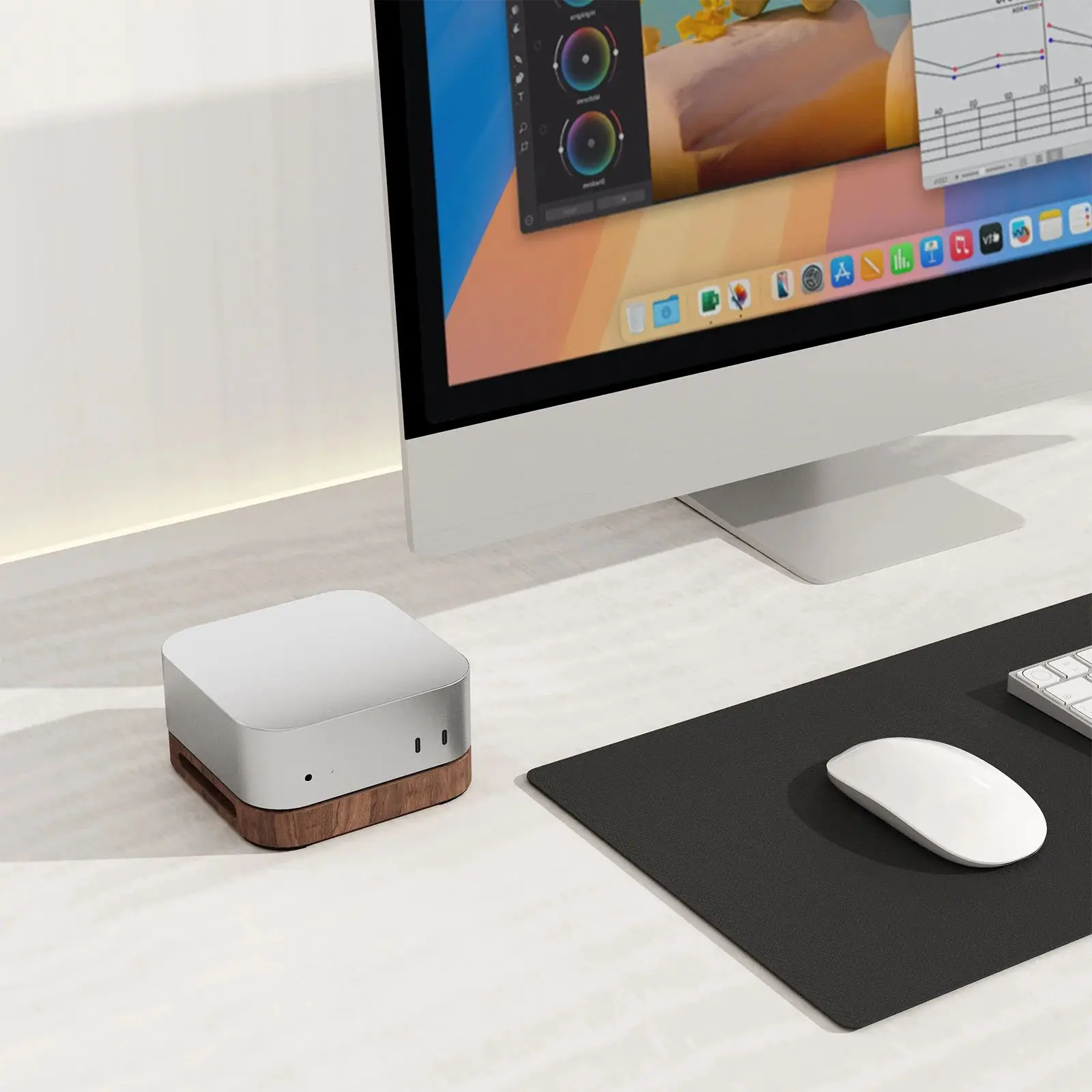 호두 나무 스탠드 외부 스위치 버튼이있는 방진 호스트베이스 호스트 마운트 Mac Mini M4/M4 Pro 2024 용 PC 액세서리