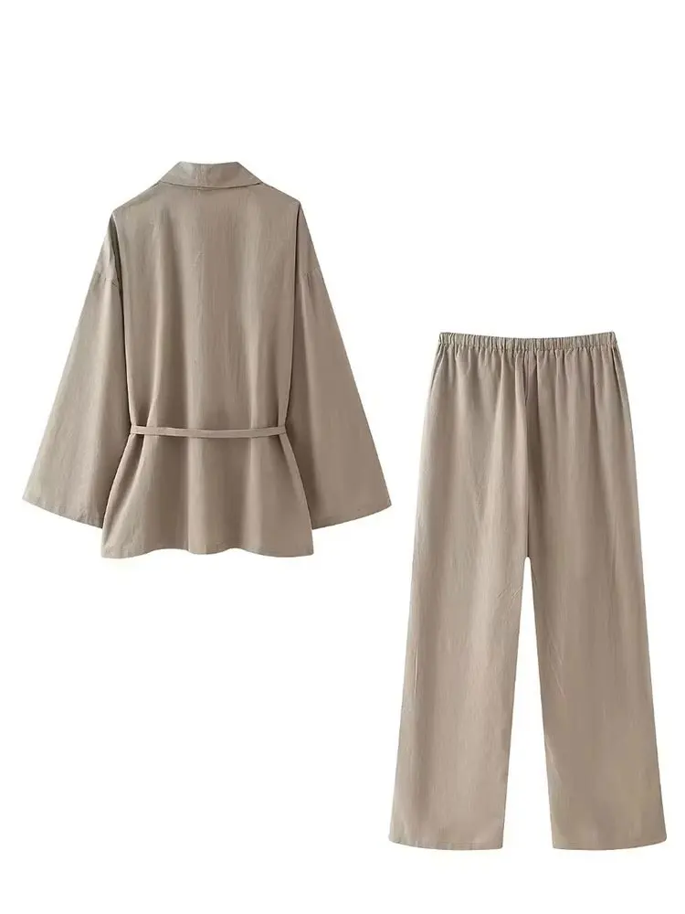 HH Women Loose Wide Leg Pant Set Fashion Lapel V Neck Long Sleeve Thin Blazer Coat With Belt 2024 Summer Ladies Solid Suit