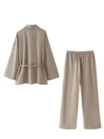 HH Women Loose Wide Leg Pant Set Fashion Lapel V Neck Long Sleeve Thin Blazer Coat With Belt 2024 Summer Ladies Solid Suit - Image 6