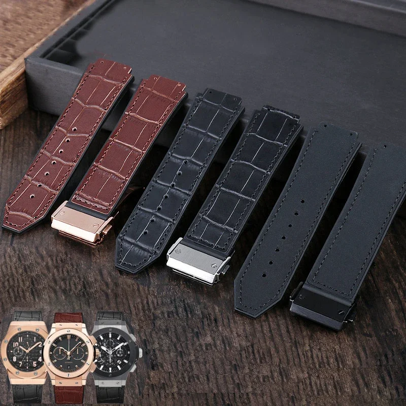 

26*19mm Real Cow Leather Rubber Watchband for HUBLOT Classic Fusion Universe Big Bang Series Men belt Watch band butterfly Buckl