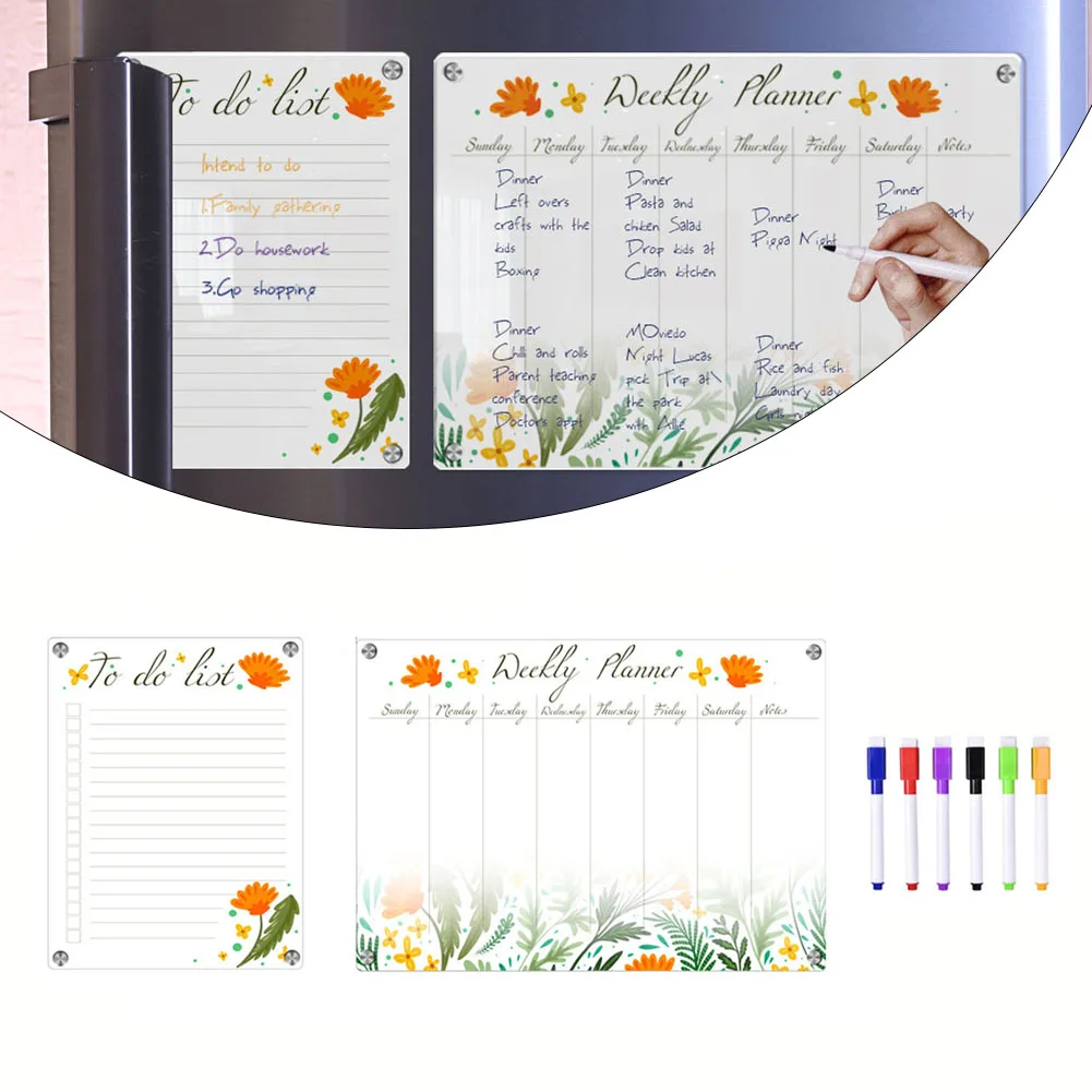 

Acrylic Fridge Magnet Sticker Magnetic Calendar Message Menu Board Weekly Planner Reusable Dry Erase Board Schedule W/ 6 Pens