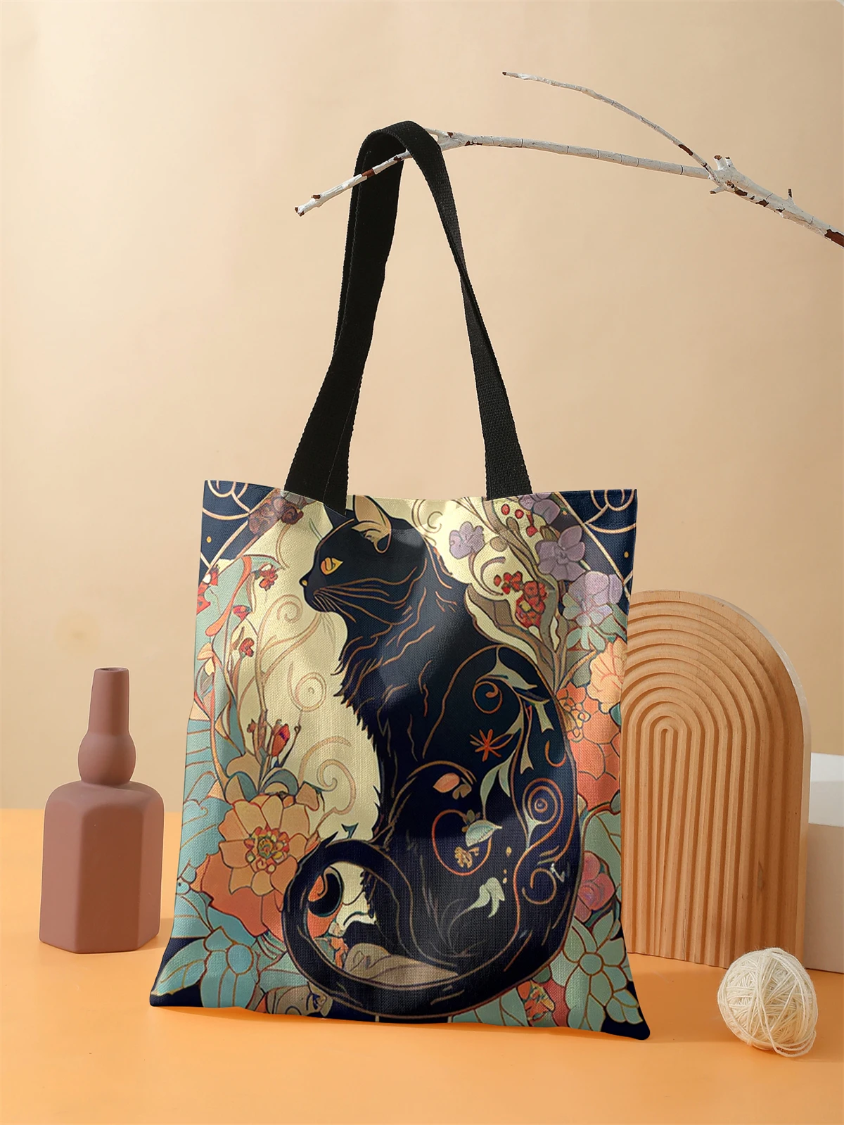 Black cat pattern printed casual handbag, reusable fashionable backpack, multifunctional handbag, canvas shopping bag