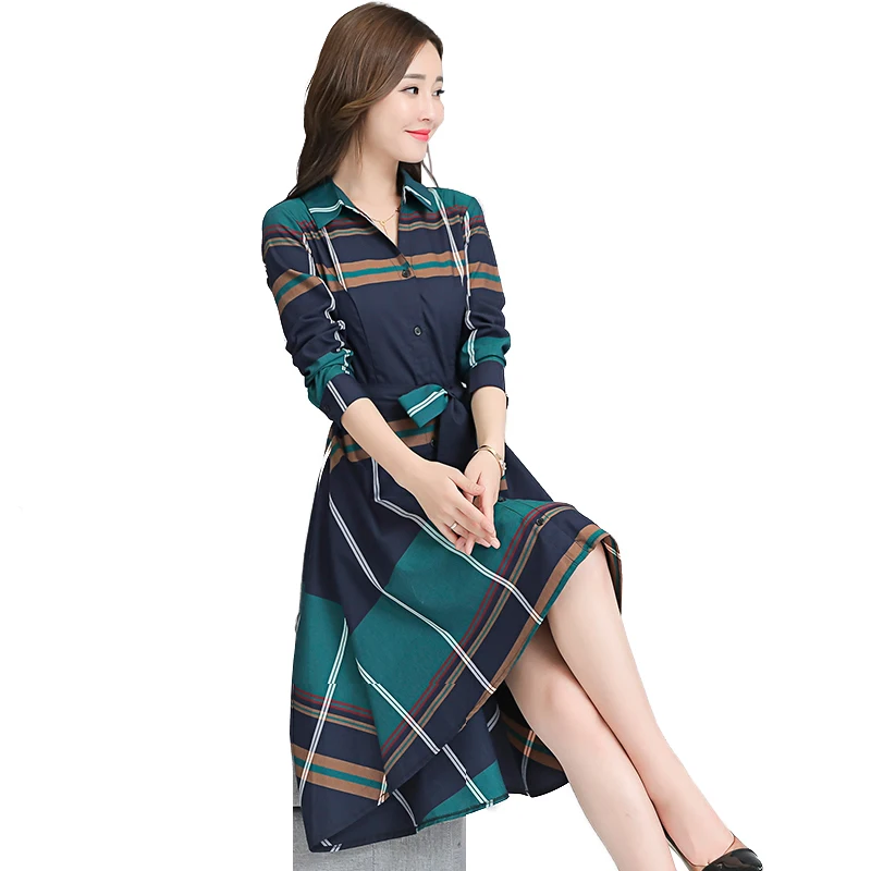 

Grid Stripe Elegant Lady Office Long Sleeve Women Tunic Bandage Midi Dress Plus Size Autumn Winter Ok113