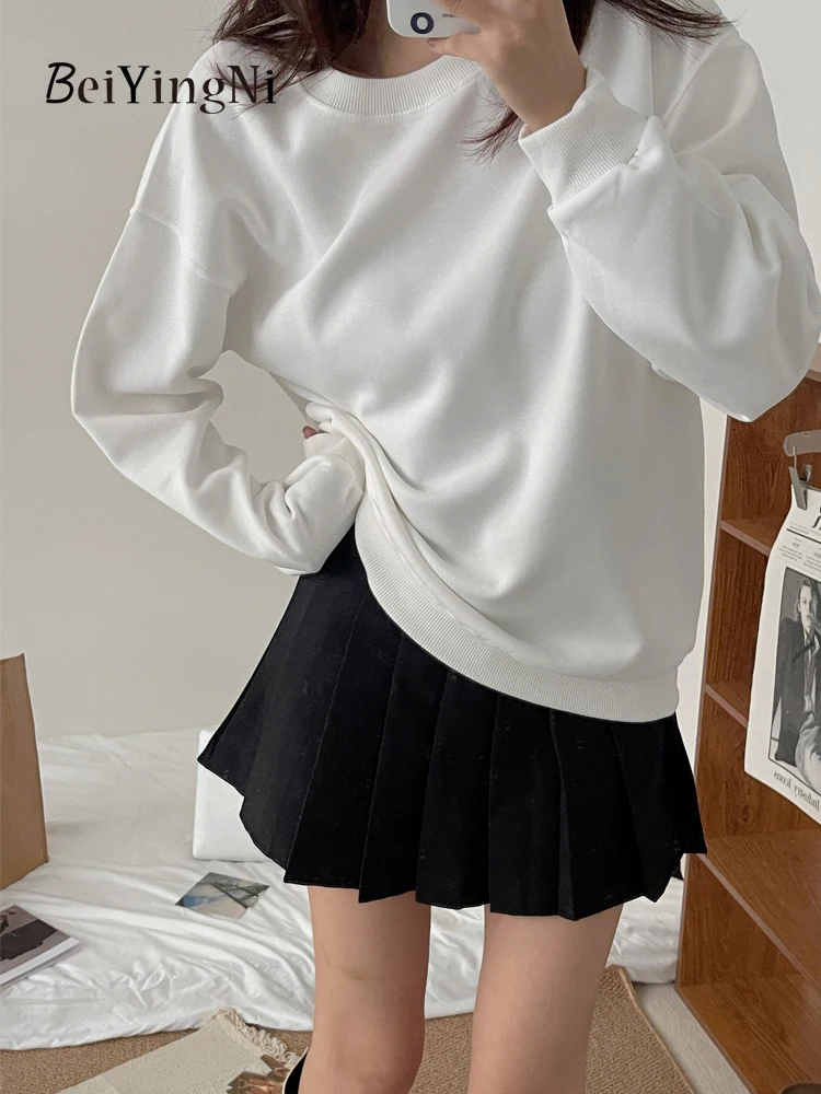 

Beiyingni Casual Hoodies Women Solid Color 2023 Autumn Winter Loose Oversized Sweatshirts Female Korean BF O-neck Hoody Tops
