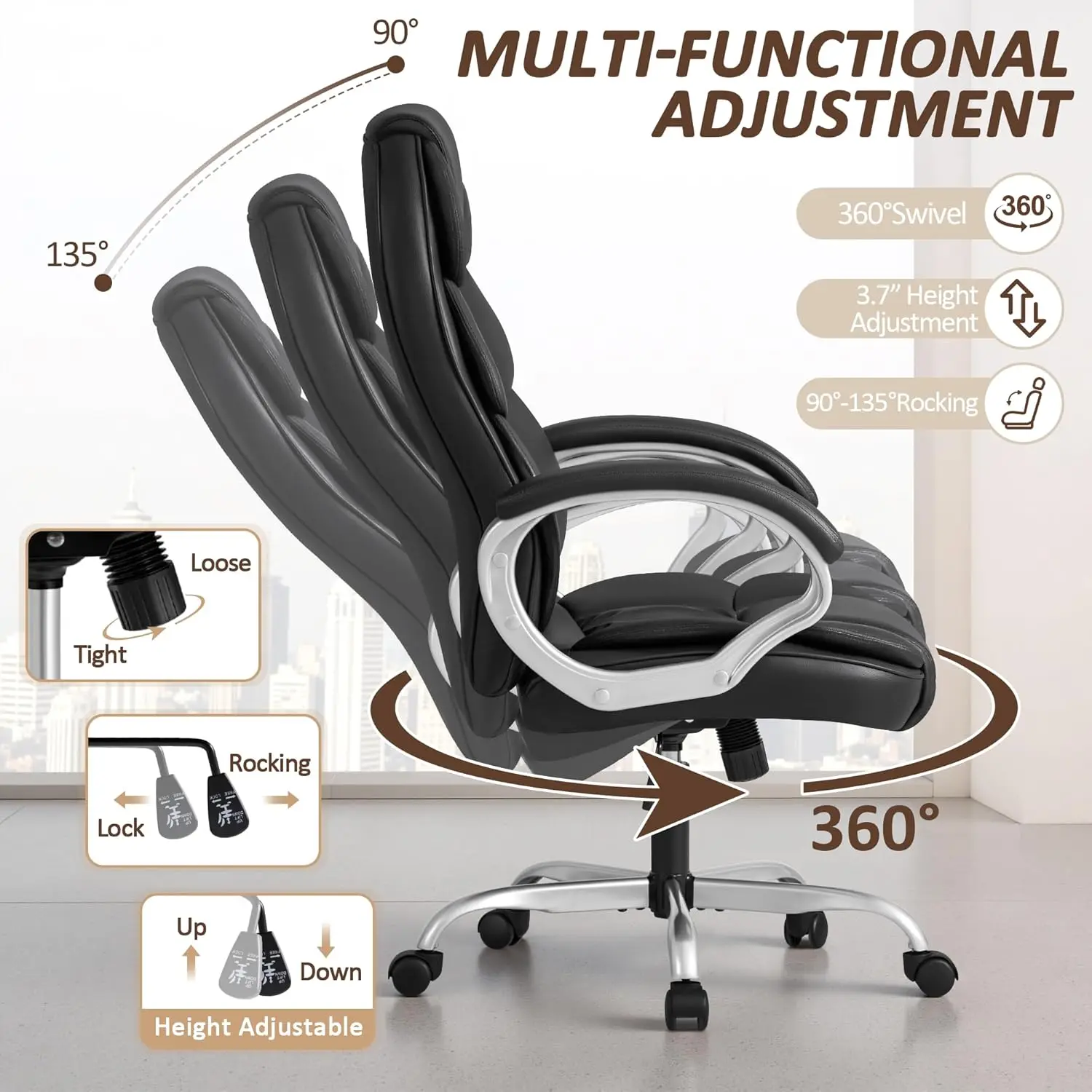 Office Chair High Back Computer Desk Chair, PU Leather Adjustable Height Modern Executive Swivel Task Chair with Padded Armrests