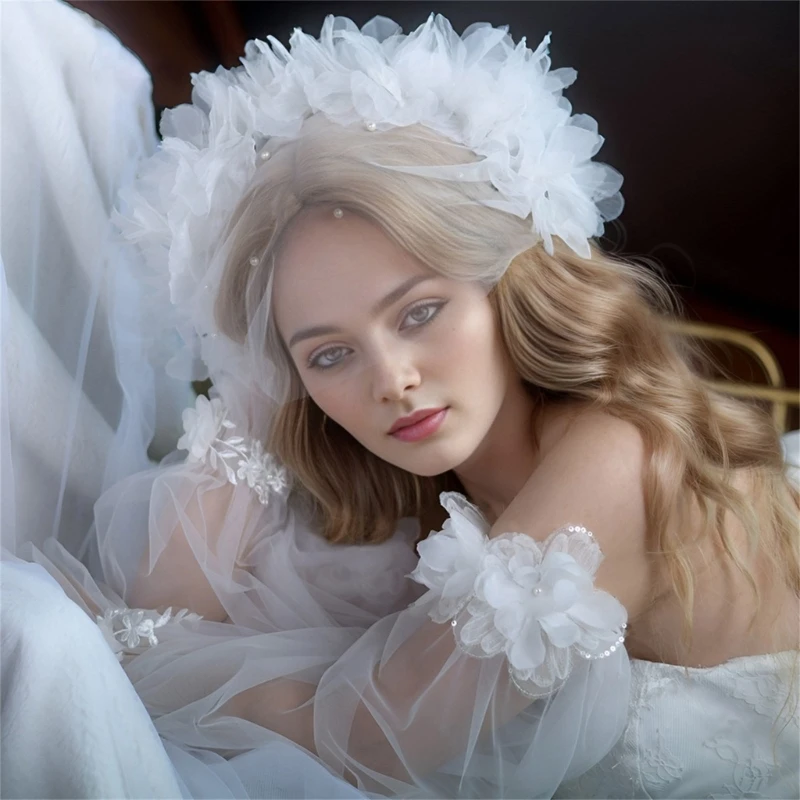 Bridal Veil Studded Hair Hoop 3D Flower Bachelorette Party Head Scarf Bride Gift Bridal Shower Wedding White