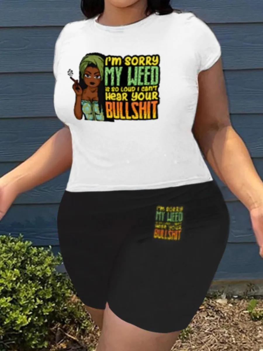 

LW Figure Letter Print Shorts Set Stretchy Two-piece Short Sleeve Crew Neck Pullover T-shirt&Casual Matching Bottoms 2PCs