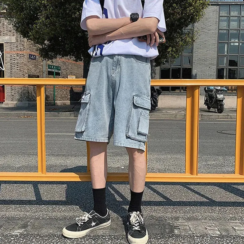 New Summer American Thin Denim Shorts Fashionable Men's High Quality Loose Straight Leg Travel Shopping Retro Large Pocket Jeans