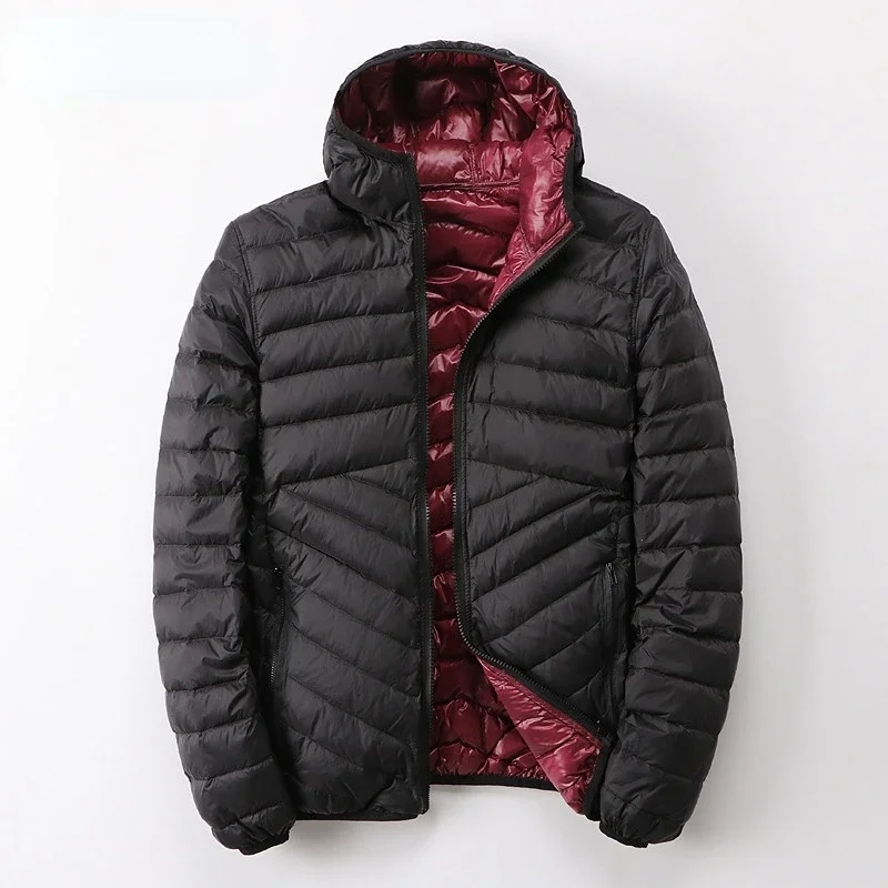 

Мужская Новая куртка на белом утином пуху, ультратонкое пальто с капюшоном, двусторонняя верхняя одежда, новинка 2023