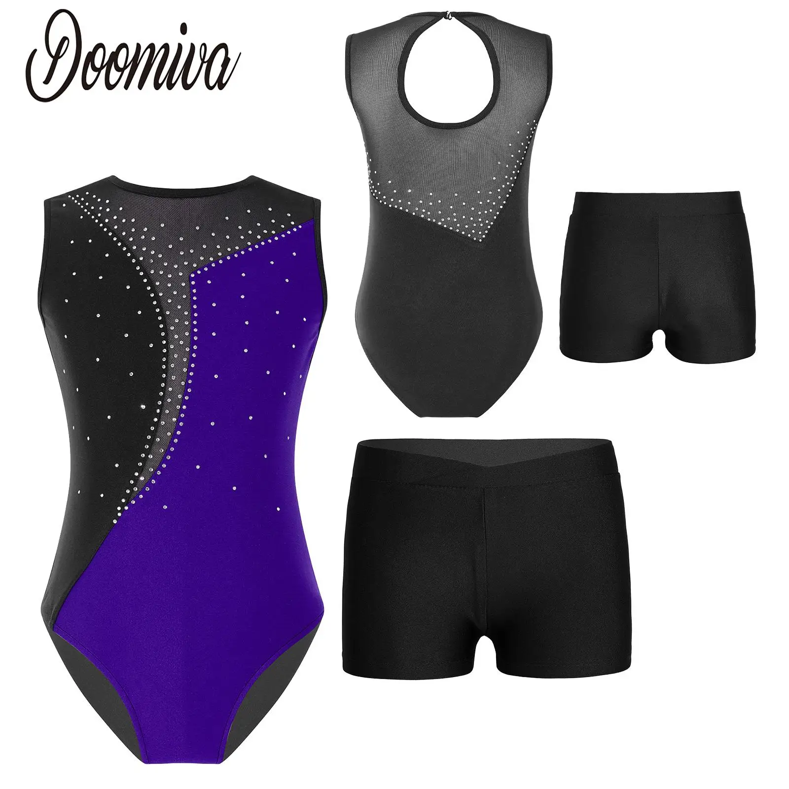 

Children Girls Gymnastics Rhinestone Leotard with Shorts Set 2PCS Gym Dance Outfits Skating Ballet Training Performance Costume