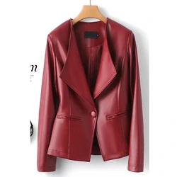 Chic Wine red Women Sheepskin Jackets Fall Turn-down Collar One Button Ladies Slim Full Sleeve Real Leather Short Jacket Coats