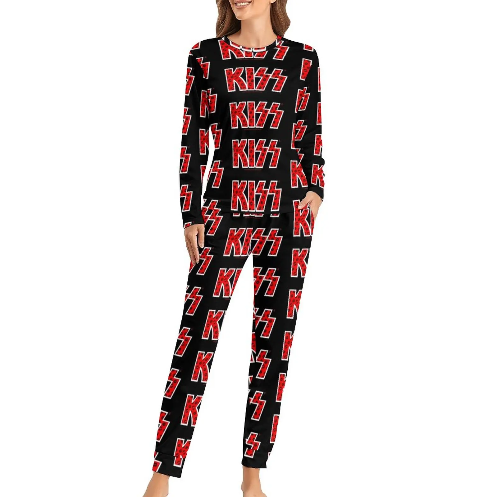 Kiss Band Pajamas 2 Pieces Black Lips Logo Warm Pajama Sets Womens Long