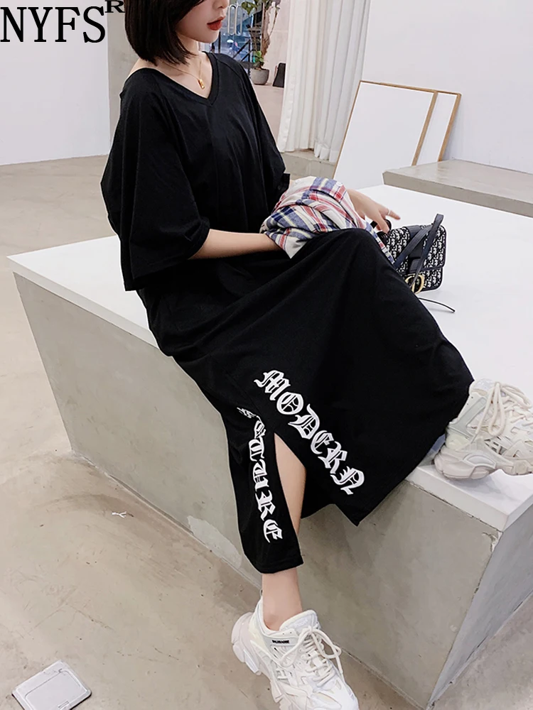 

Женское платье с коротким рукавом NYFS, Длинное свободное платье из гладкой хлопчатобумажной ткани в Корейском стиле, лето 2023