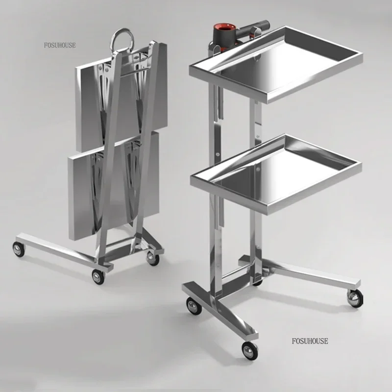 Beauty Stainless Steel Salon Trolleys Hair Cutting Folding Bar Trolley Barber Shop Special Tool Carts with Wheels