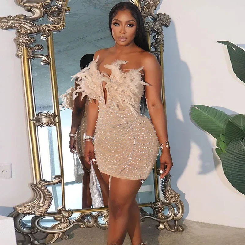 Sexy Club Party Night Feathers Rhinestones Birthday Dresses for Woman Elegant Backless Diamond Sheer Mesh Bodycon Dress Vestidos 2