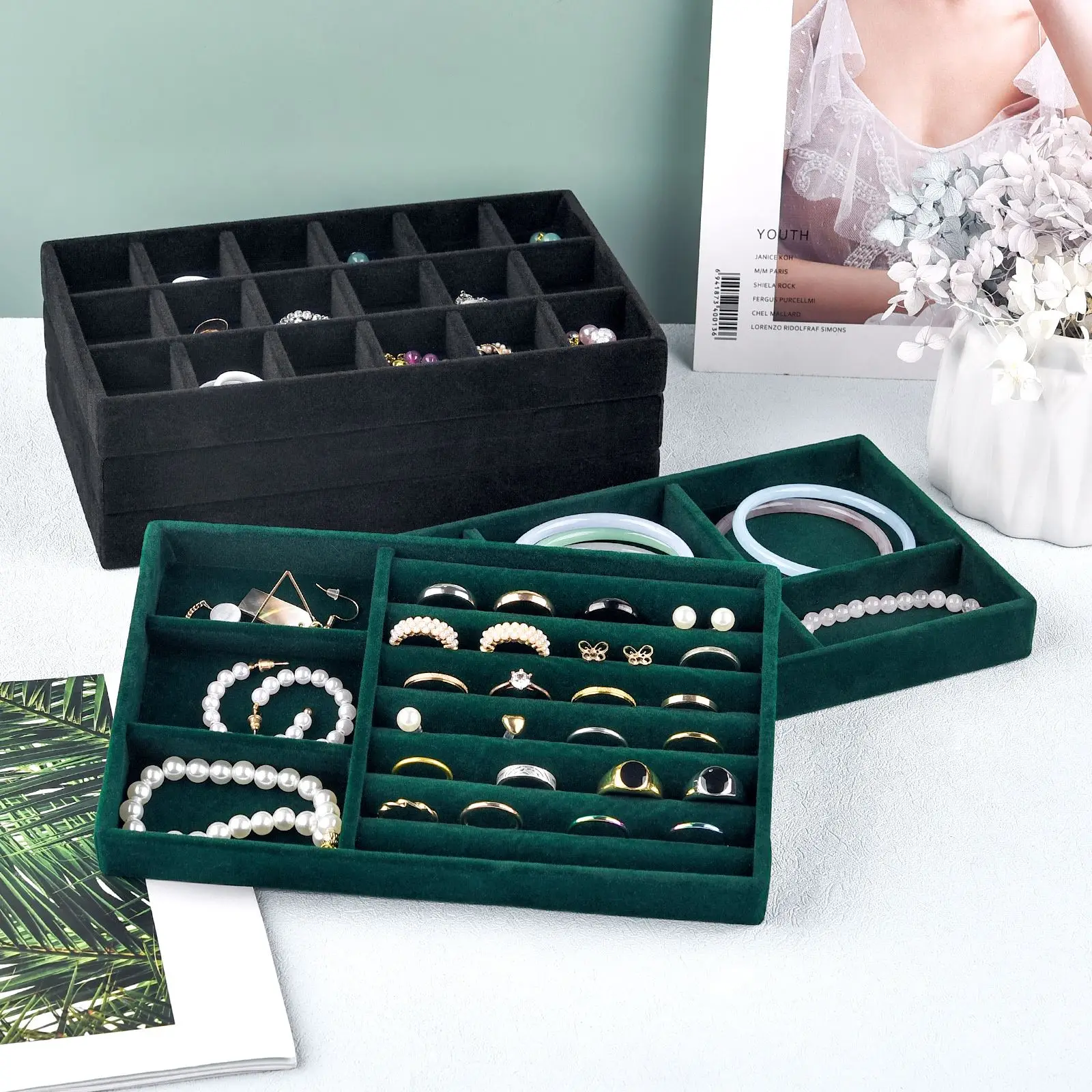 Black/Dark Green Flannel Jewelry Storage Box Household Drawer Earring Necklace Ring Tray Head Rope Ear Clip Display Storage Tray