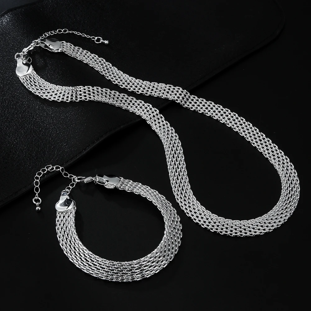 

New fine 925 silver color Net chain Bracelets necklaces for women korean fashion party wedding accessories jewelry sets gifts