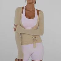 Women's Yoga Shirts Wrap Ruched Tie Front Long Sleeve Workout T Shirts Sexy Deep V Neck Slim Fit Casual Cropped Top 1